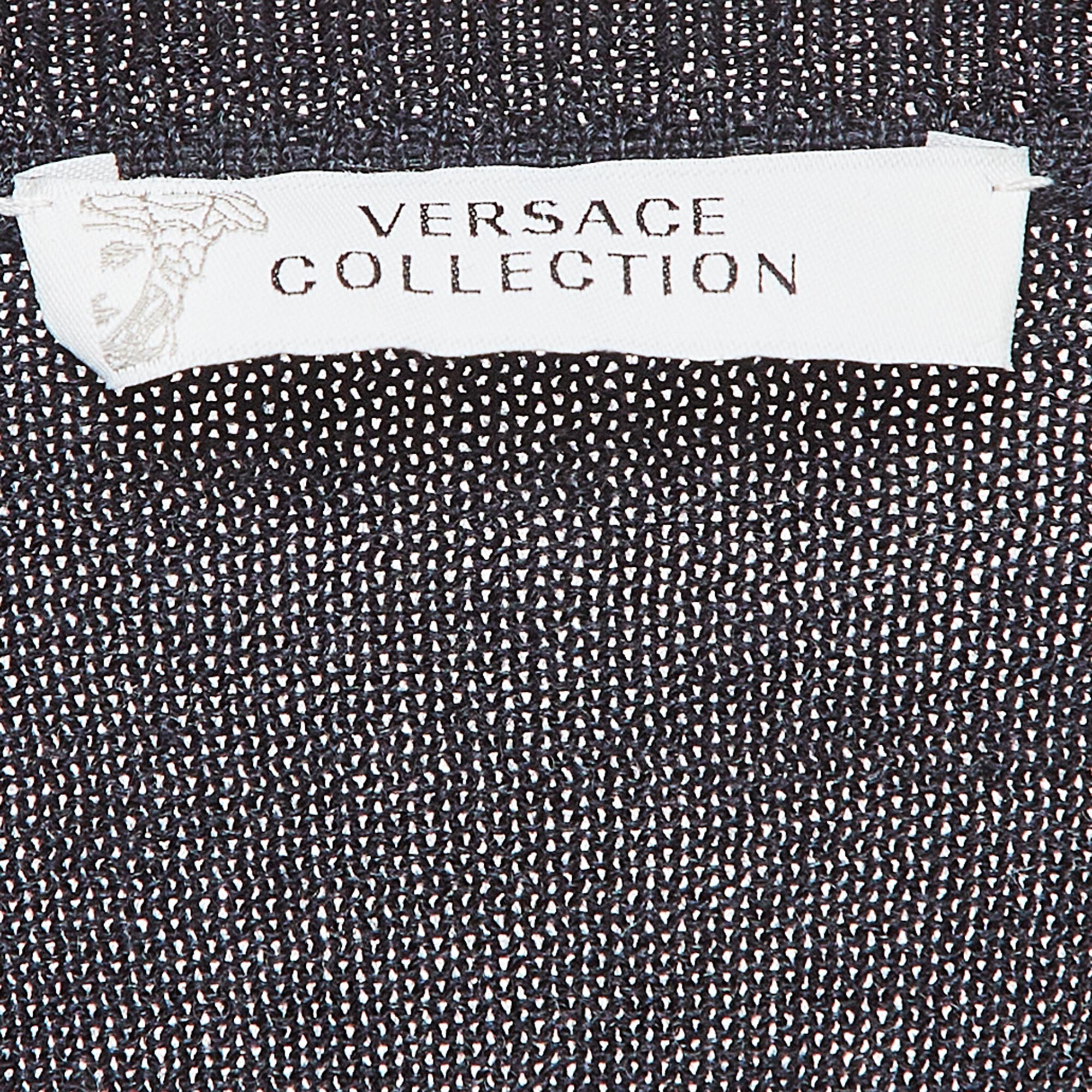 Versace Collection Navy Blue Wool Leather Trimmed Jumper L