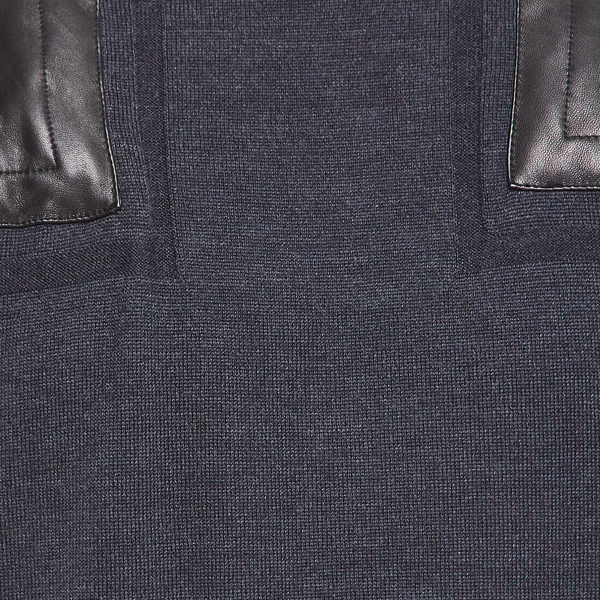 Versace Collection Navy Blue Wool Leather Trimmed Jumper L