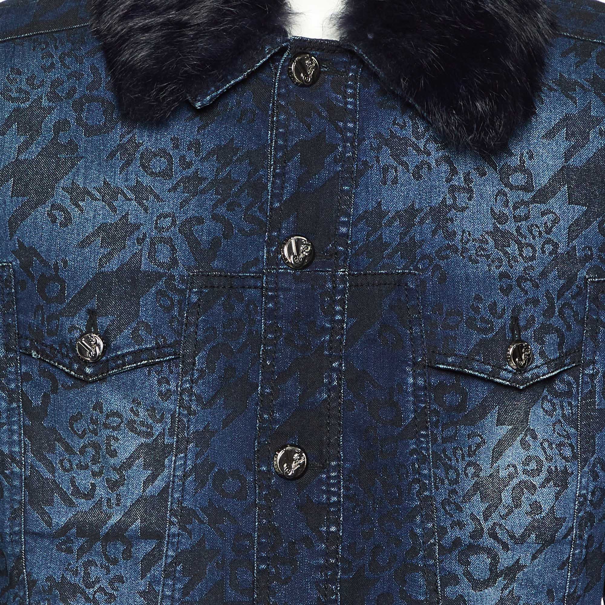 Versace Jeans Blue Jacquard Denim Detachable Fur Collar Jacket XL