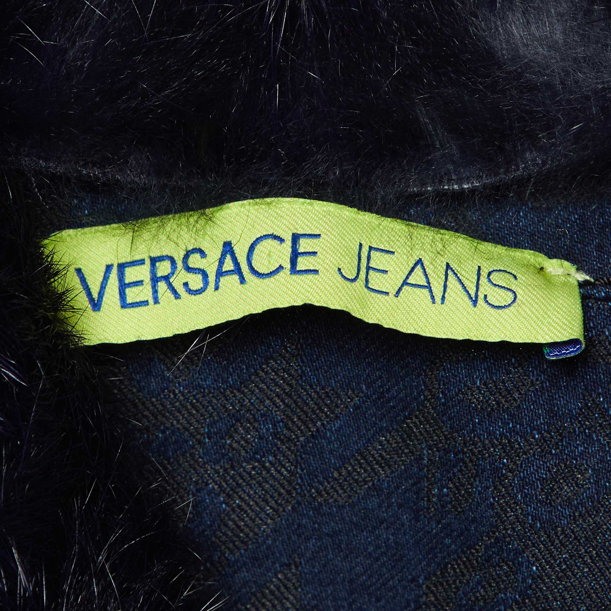 Versace Jeans Blue Jacquard Denim Detachable Fur Collar Jacket XL