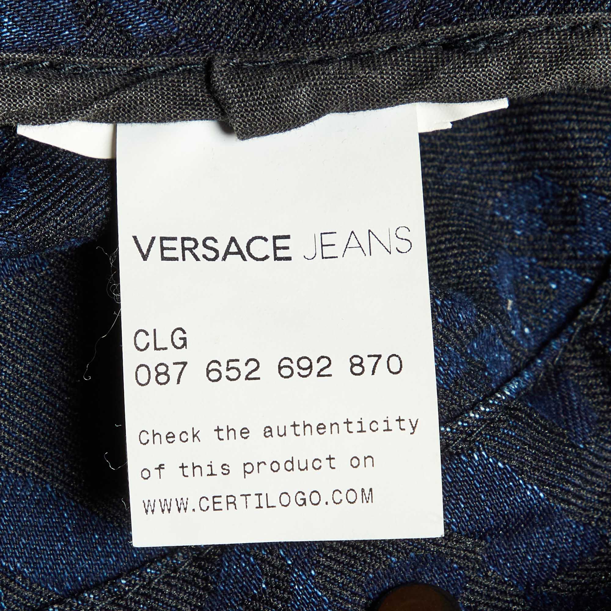 Versace Jeans Blue Jacquard Denim Detachable Fur Collar Jacket XL