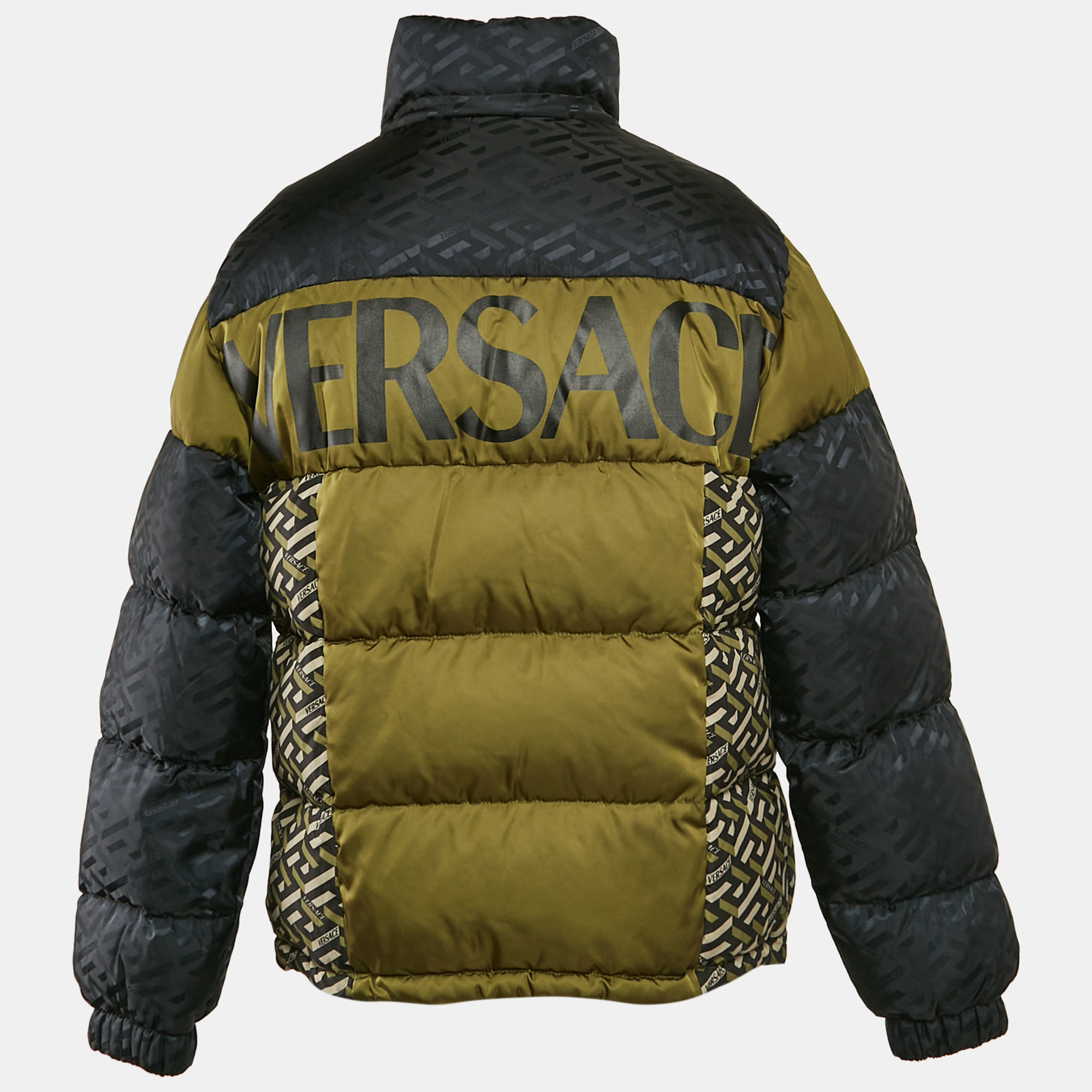 Versace Black/Khaki Logo Print Nylon Colorblock Puffer Coat S