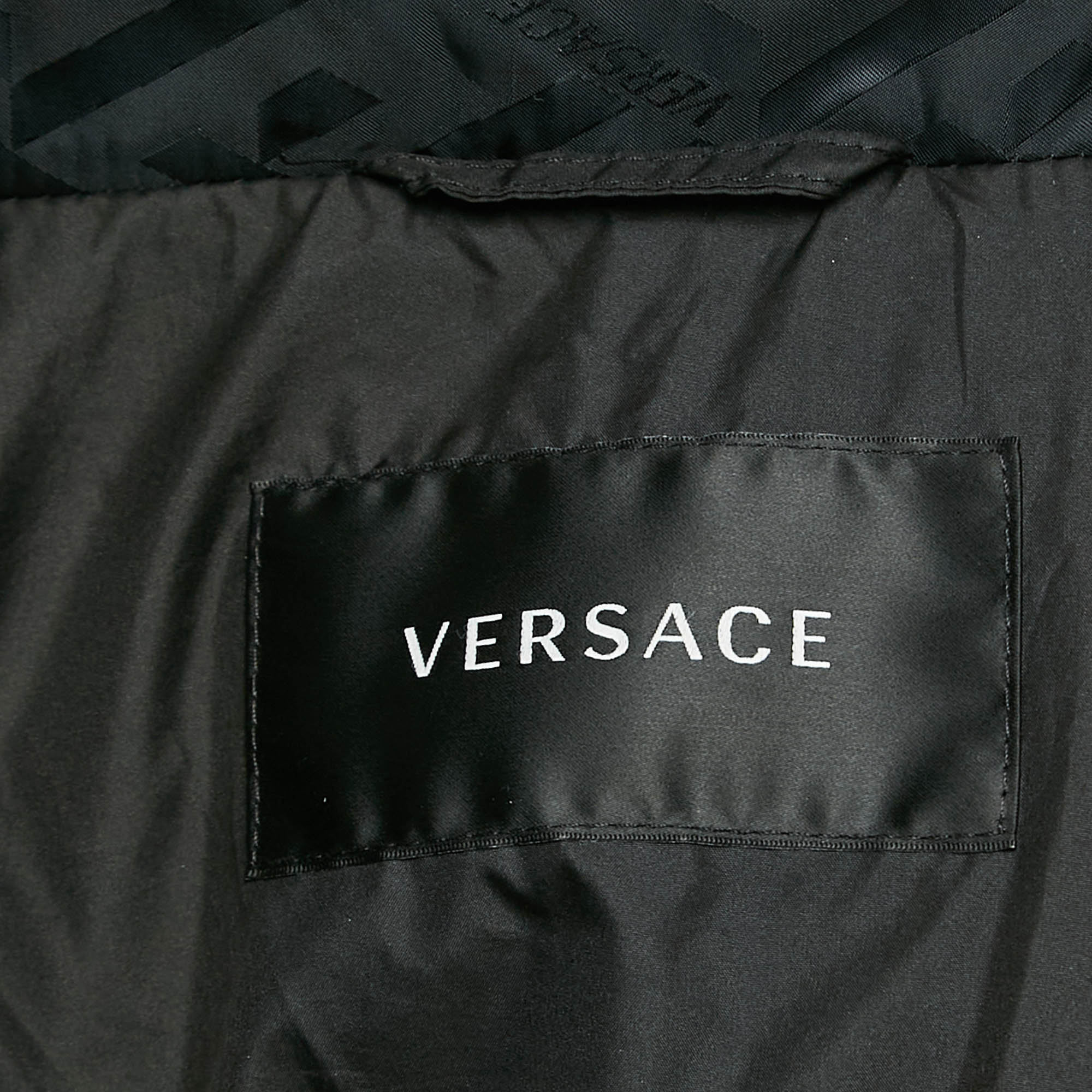 Versace Black/Khaki Logo Print Nylon Colorblock Puffer Coat S