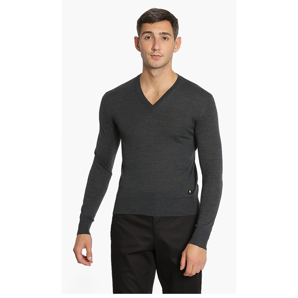 Versace Grey Solid V-Neck Sweater L (IT 50)