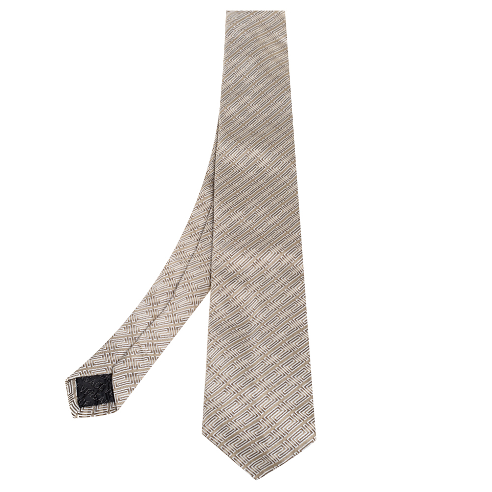 Versace Beige Greek Key Stripe Pattern Silk Tie