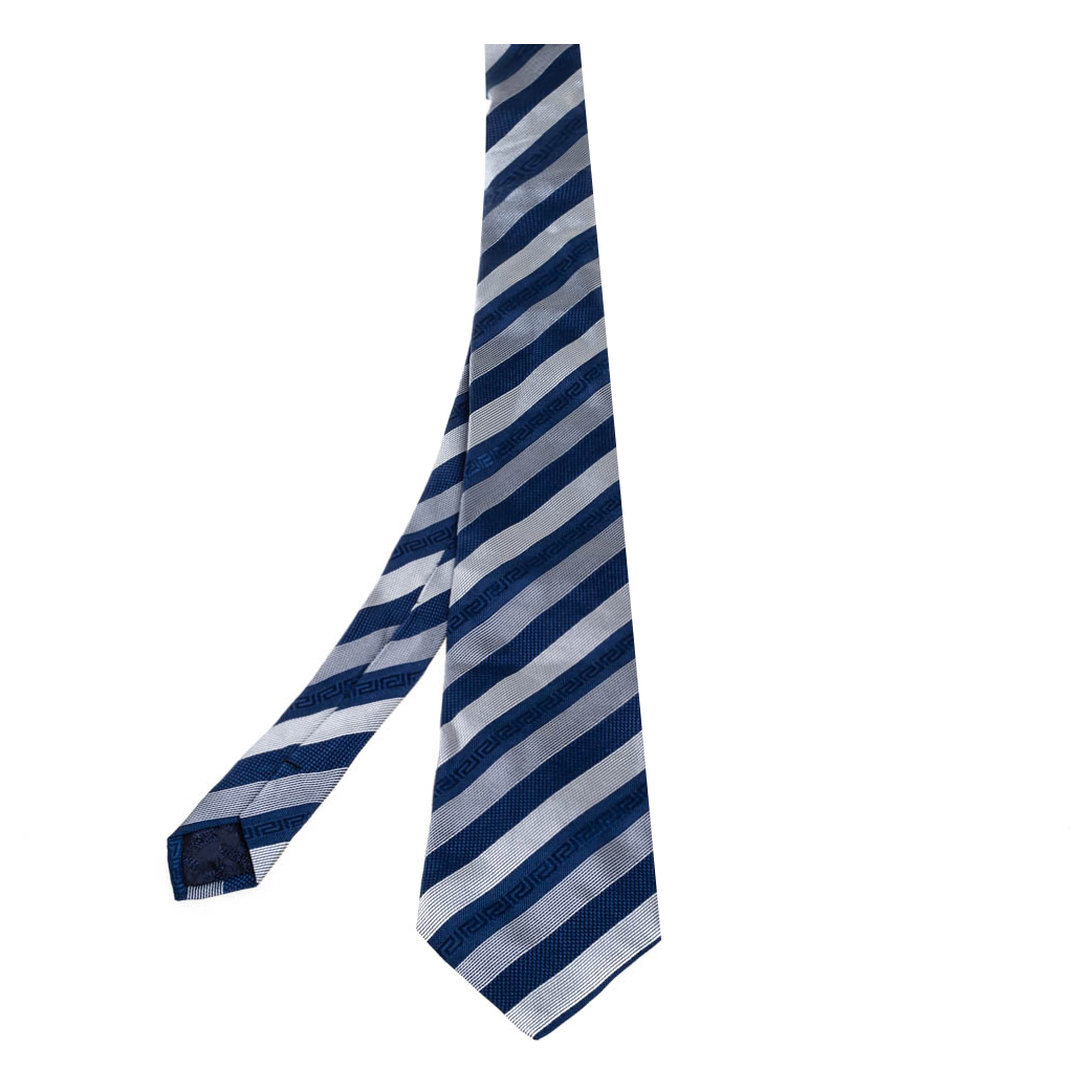Versace Blue Greca Striped Silk Tie