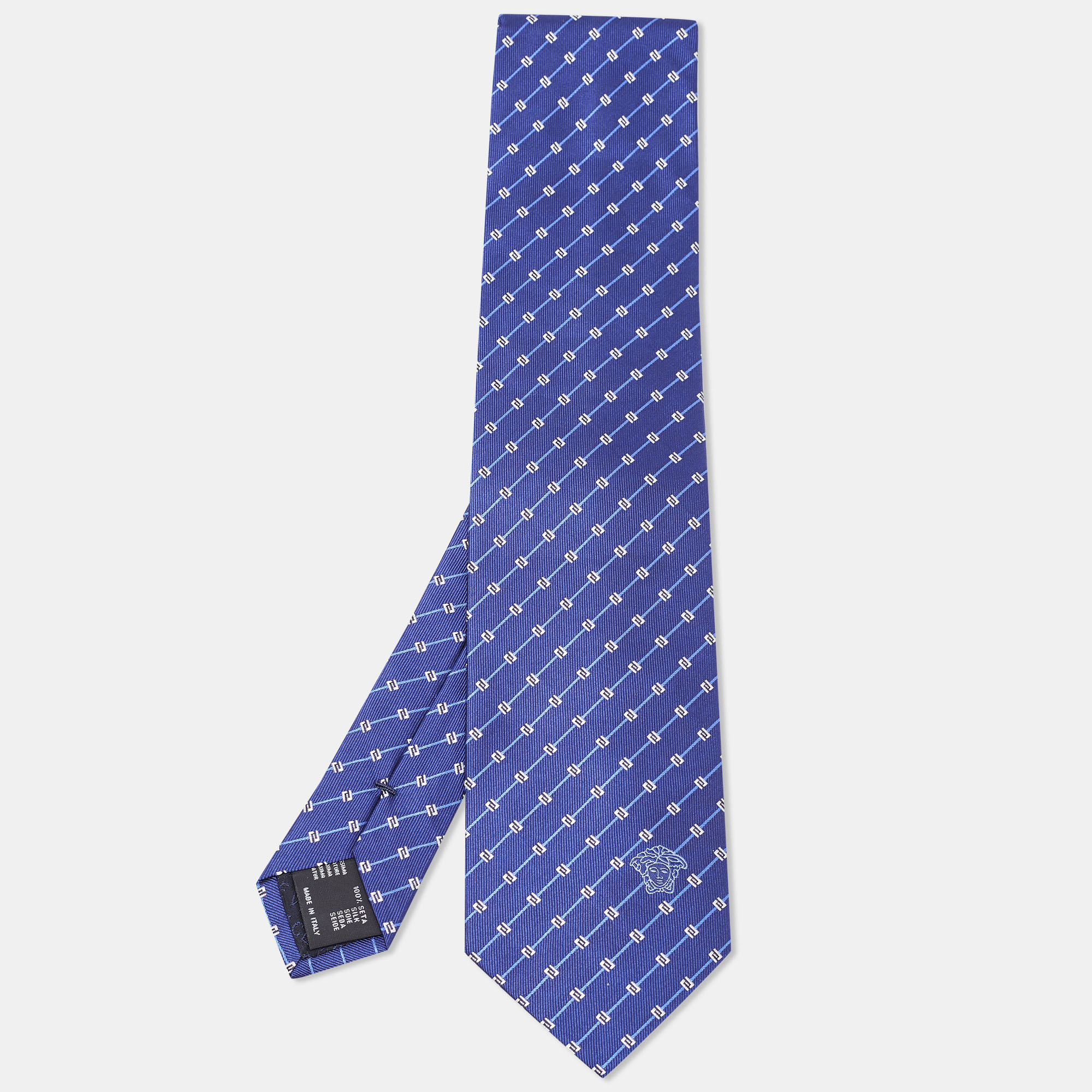 Versace Blue Diagonal Greek Pattern Silk Tie
