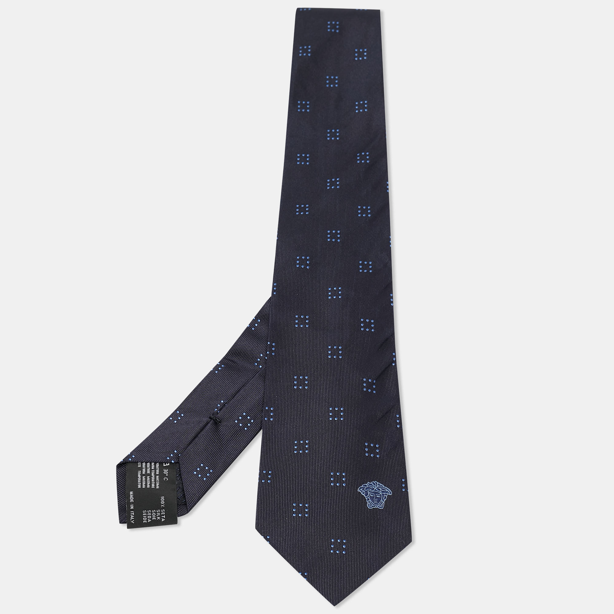 Versace Navy Blue Dotted Square Patterned Silk Tie