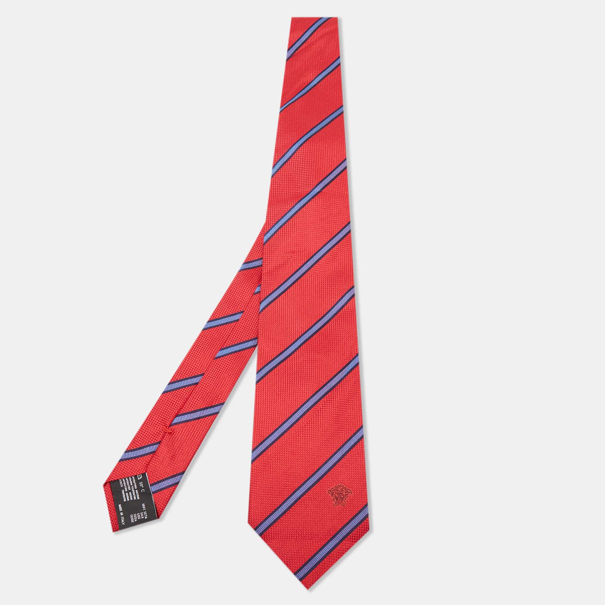 Versace Red/Blue Diagonal Striped Silk Tie