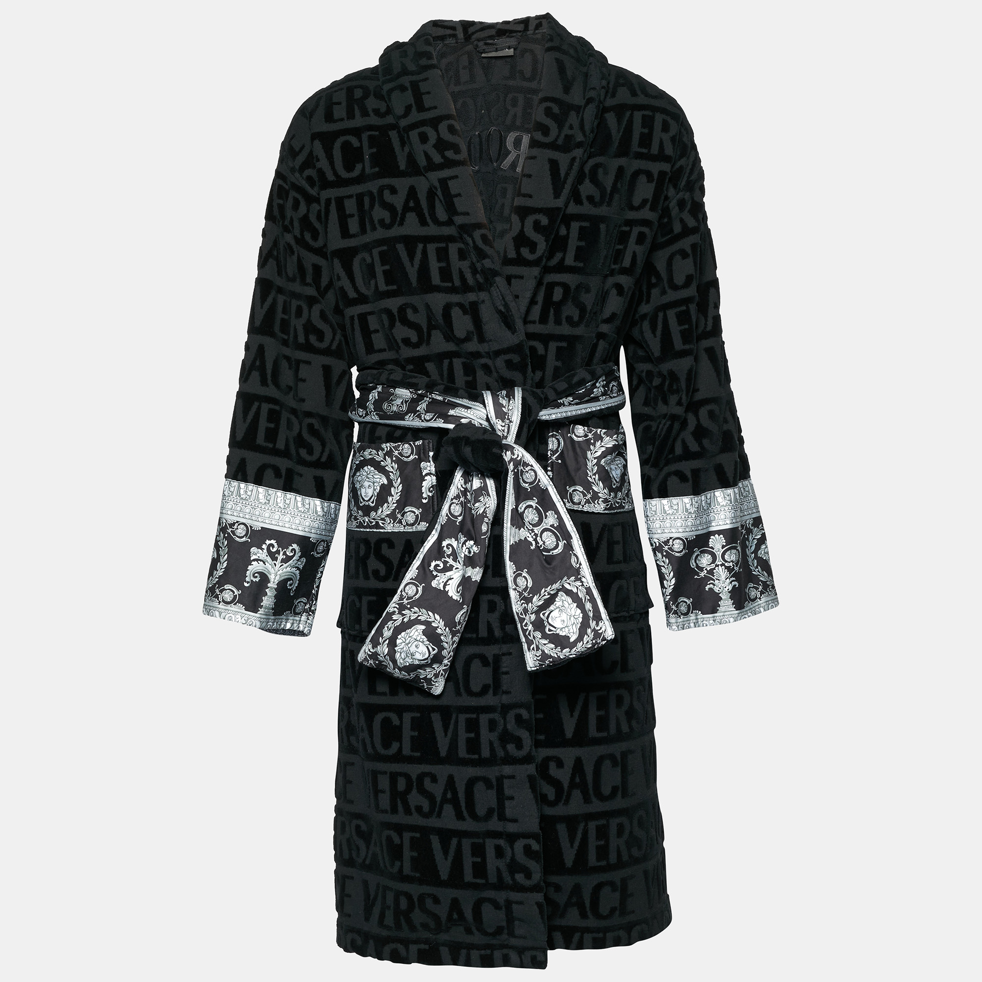 Versace Black Terry and Velvet All Over Logo Barocco Trim Bathrobe L
Versace Black Terry and Velvet All Over Logo Barocco Trim Bathrobe L