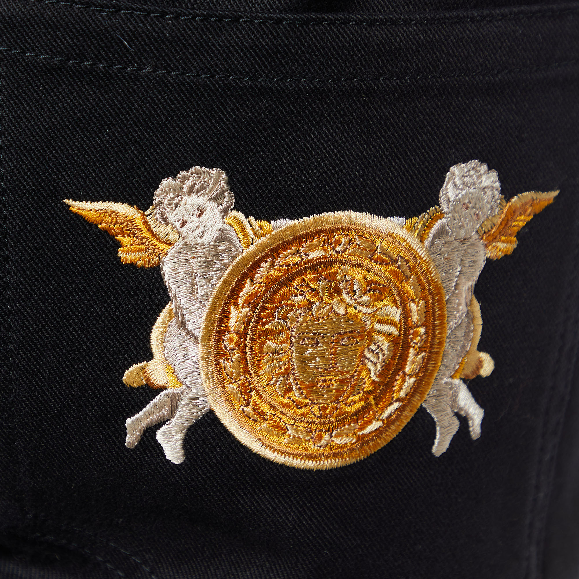 Versace Black Denim Embroidered Crest Detail Jeans XL Waist 39
