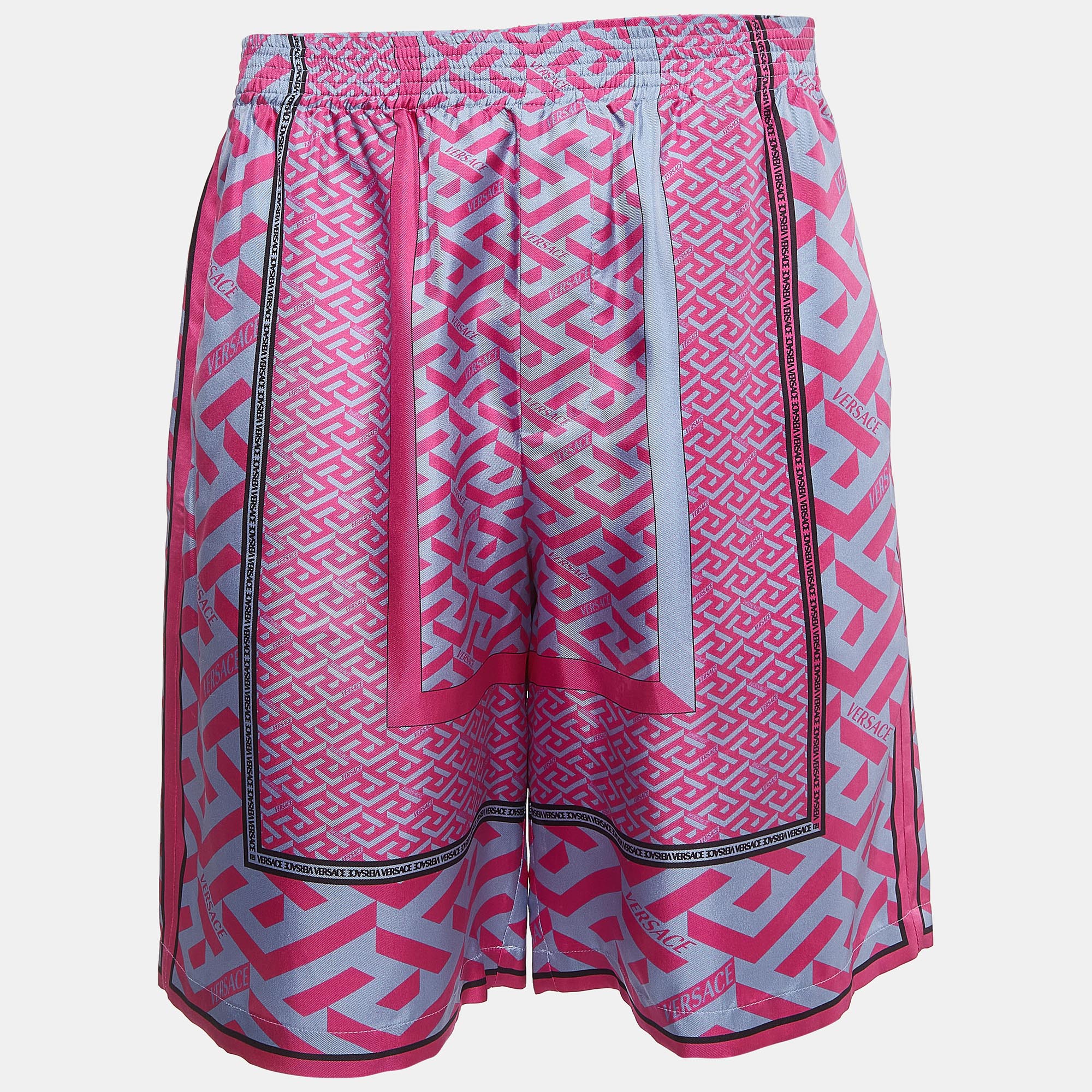 Versace pink panelled print silk la greca bermuda shorts m