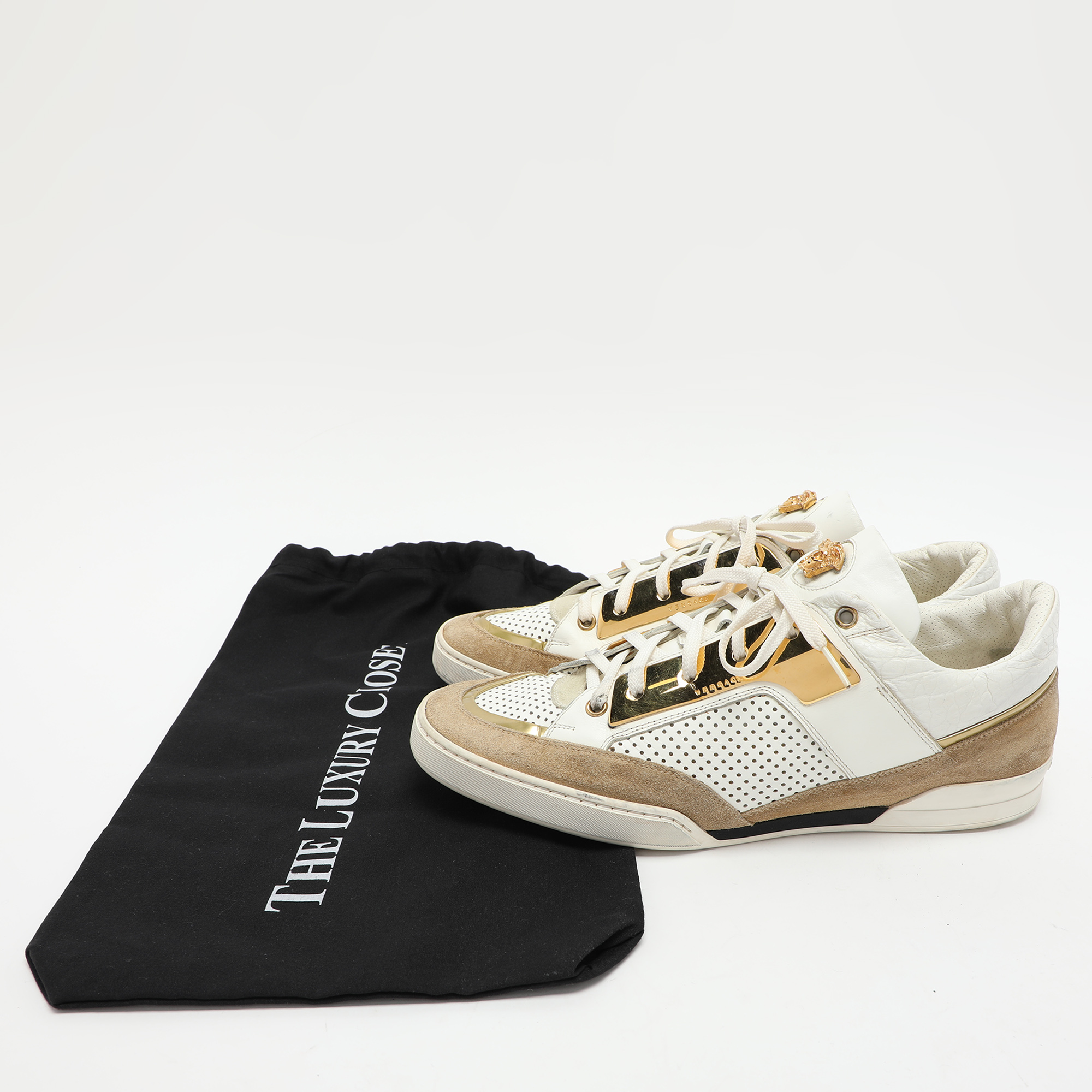 Versace White/Beige Leather And Suede Medusa Low Top Sneakers 43