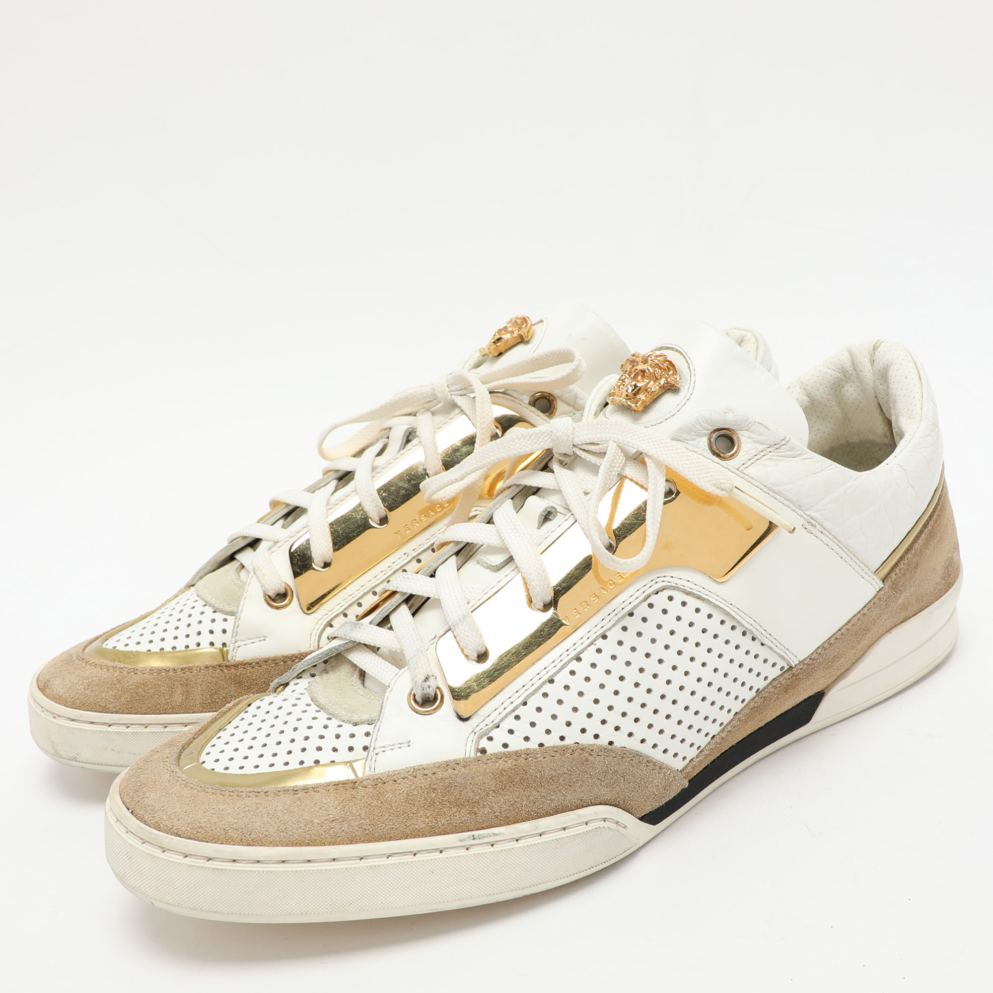 Versace White/Beige Leather And Suede Medusa Low Top Sneakers 43