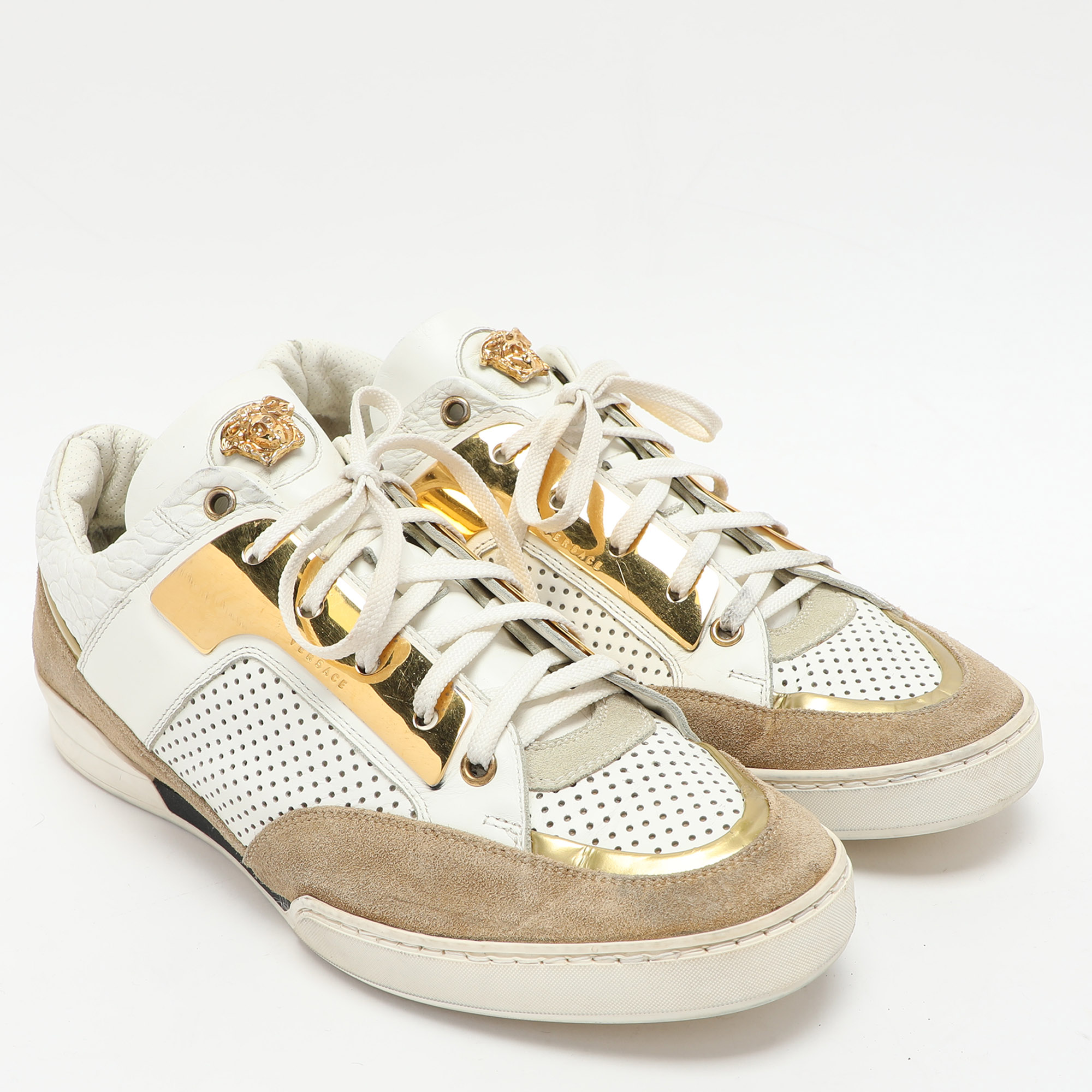 Versace White/Beige Leather And Suede Medusa Low Top Sneakers 43