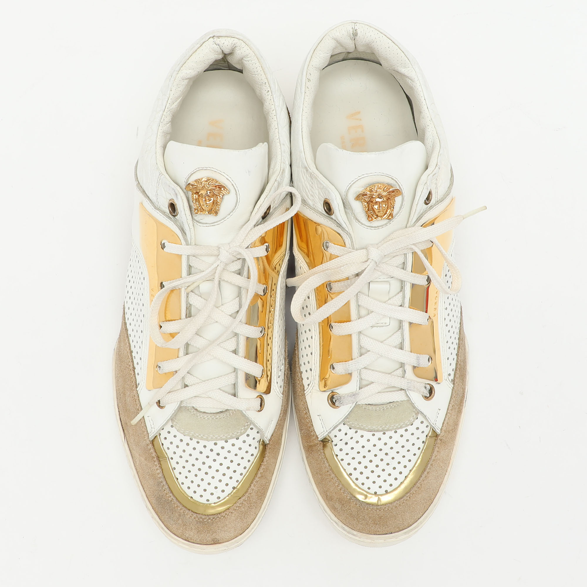 Versace White/Beige Leather And Suede Medusa Low Top Sneakers 43