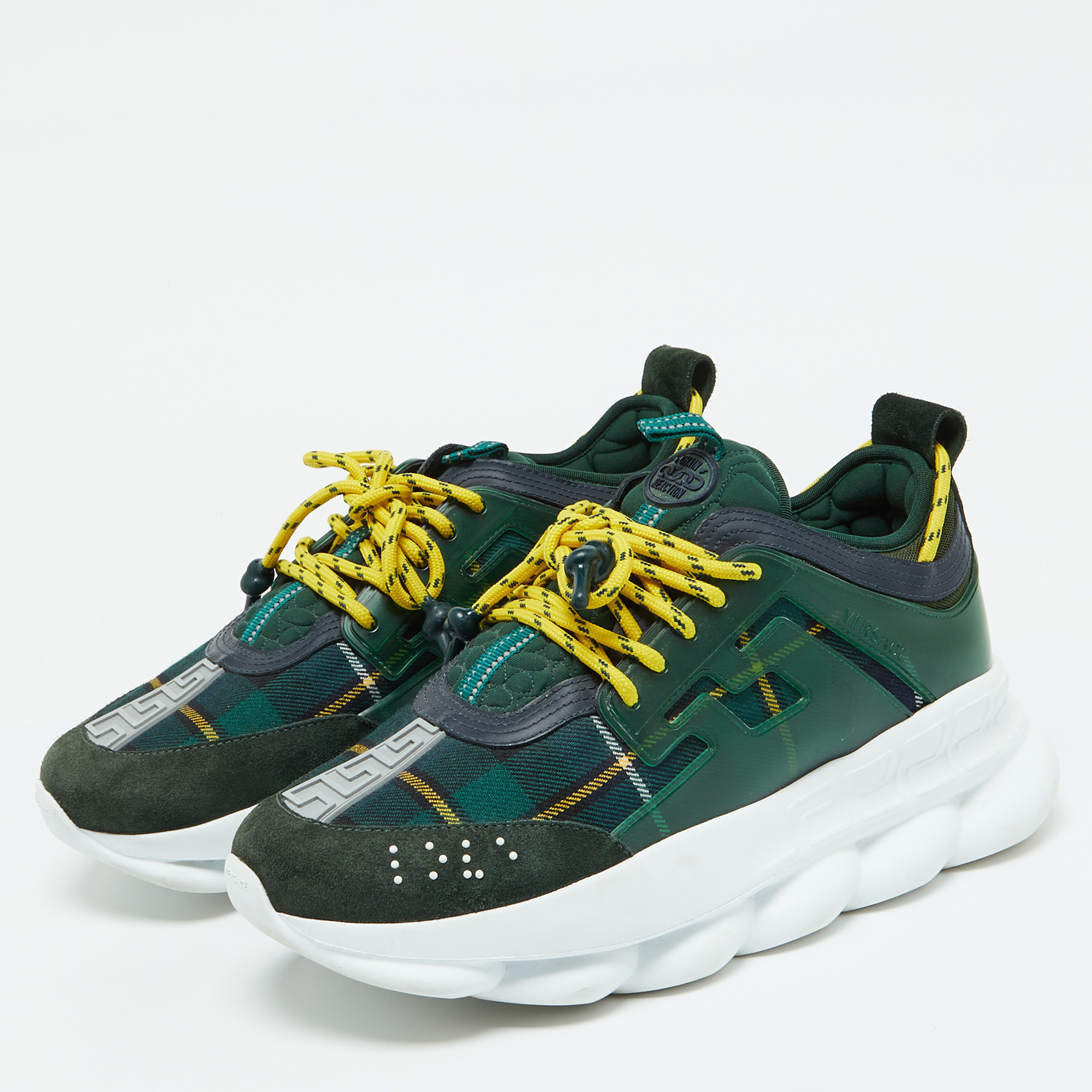 Versace Green Suede And Check Canvas Chain Reaction Sneakers Size 44