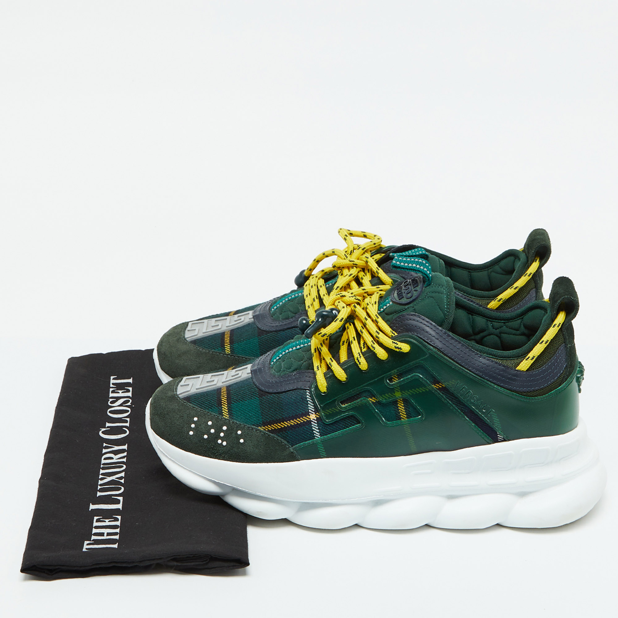 Versace Green Suede And Check Canvas Chain Reaction Sneakers Size 44