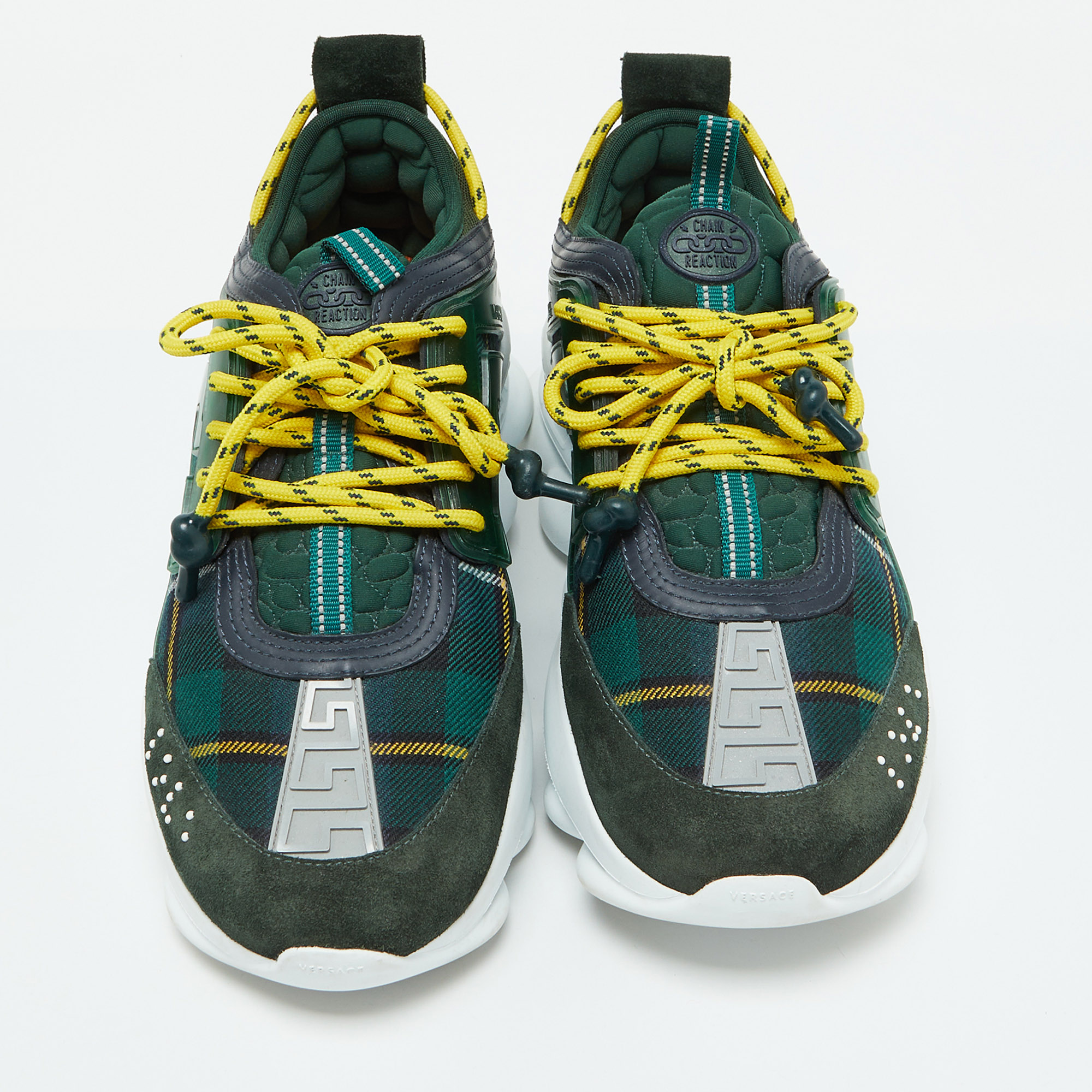 Versace Green Suede And Check Canvas Chain Reaction Sneakers Size 44