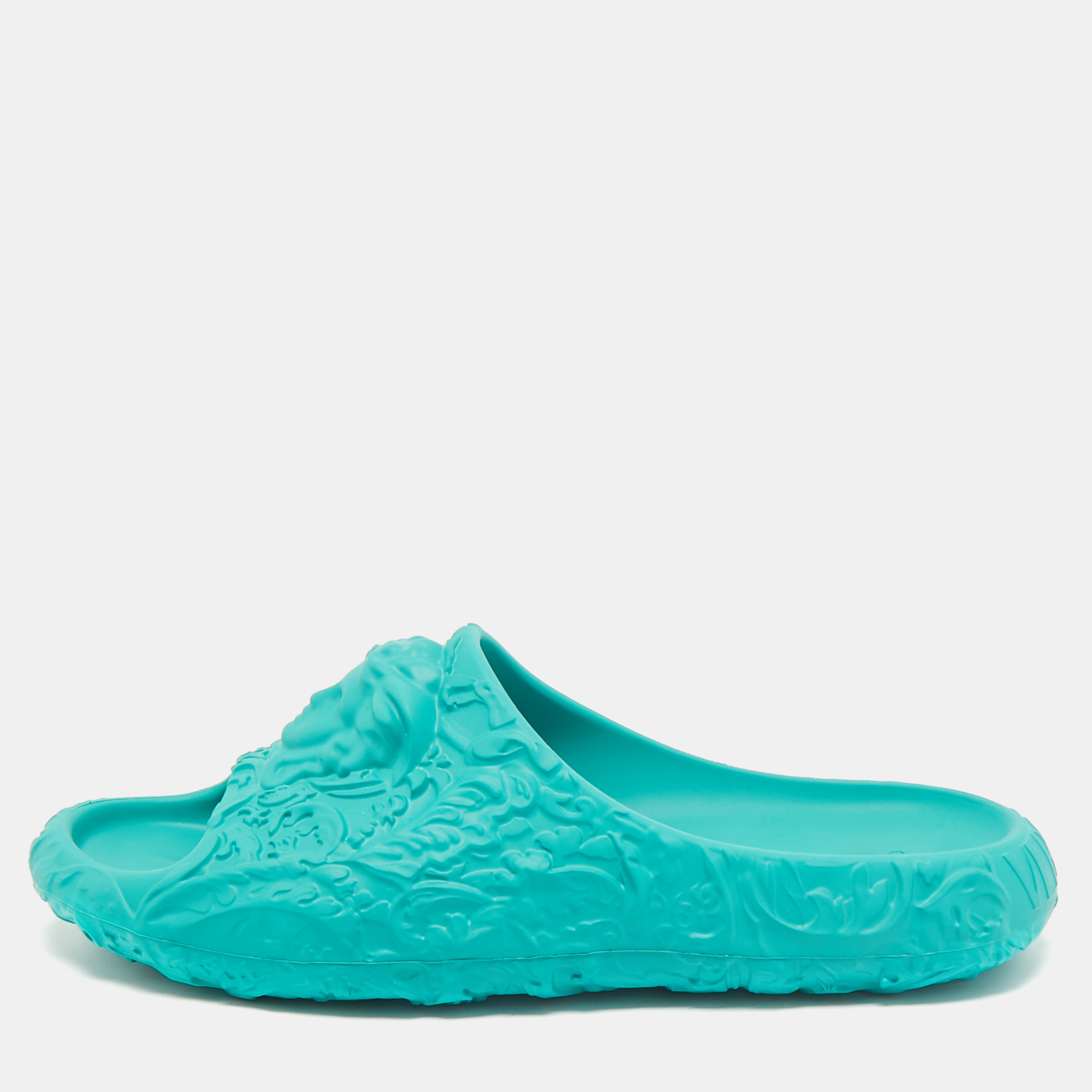Versace Turquoise Blue Baroque Medusa Embossed Rubber Pool Slides Size
Versace Turquoise Blue Baroque Medusa Embossed Rubber Pool Slides Size