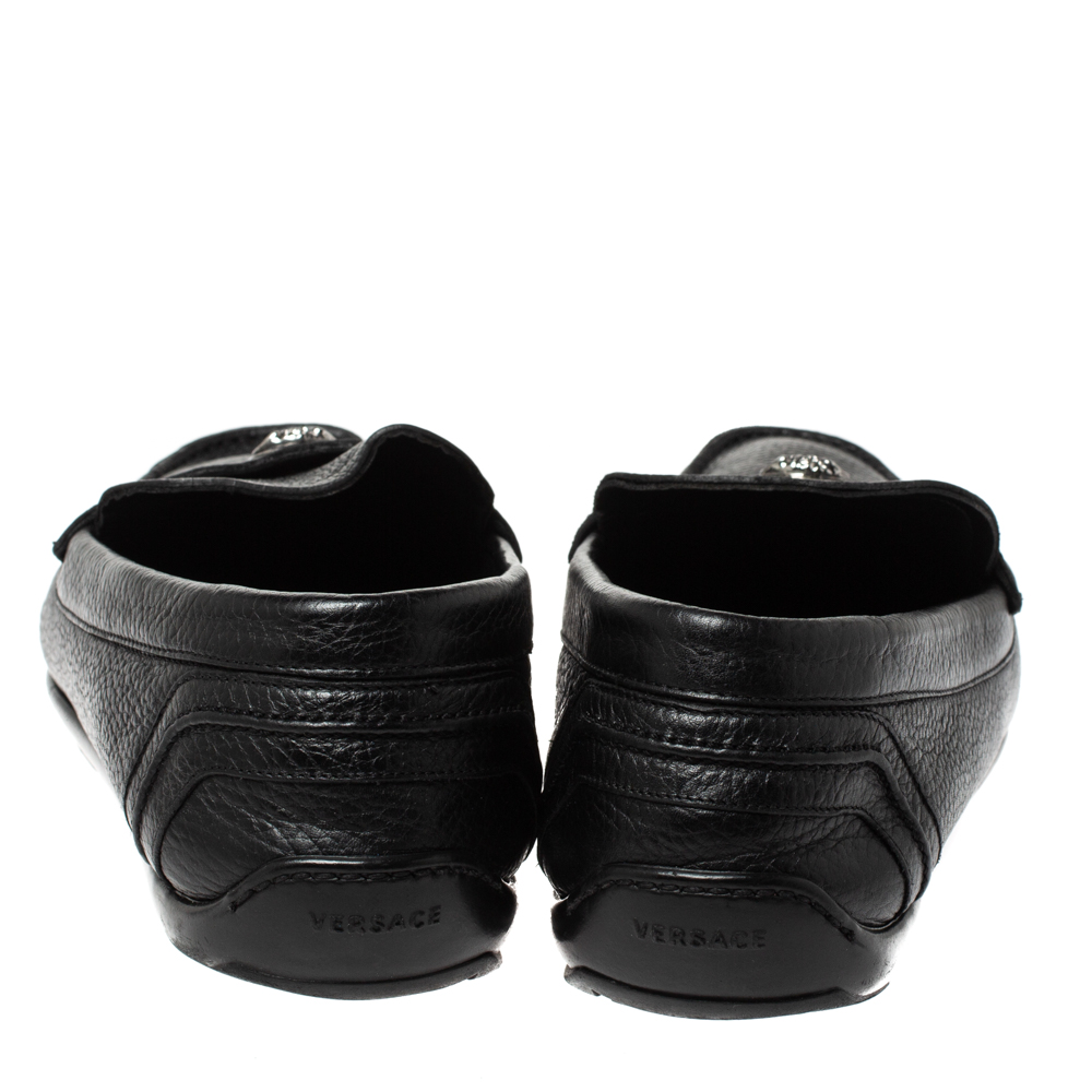 Versace Black Leather Medusa Detail Slip On Loafers Size 42
