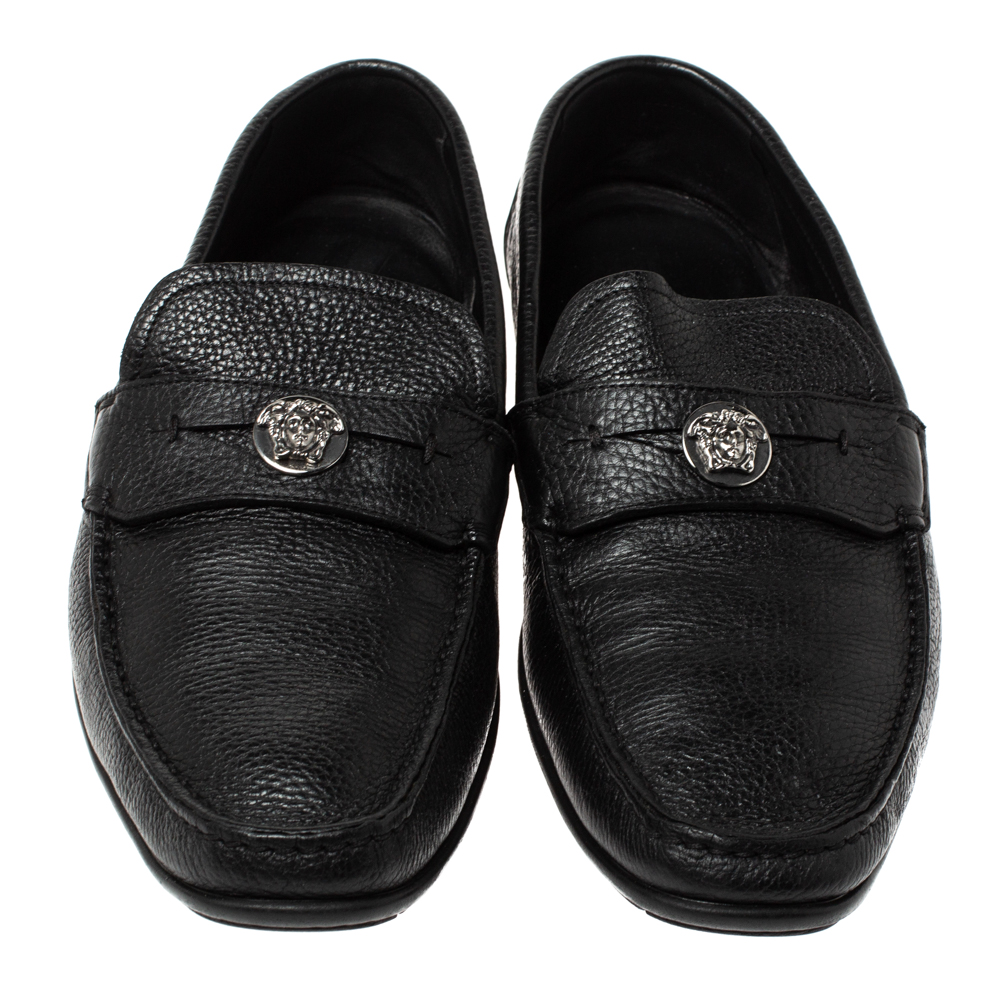 Versace Black Leather Medusa Detail Slip On Loafers Size 42
