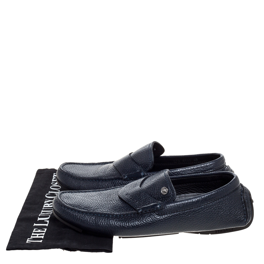 Versace Navy Blue Leather Slip On Loafers Size 40