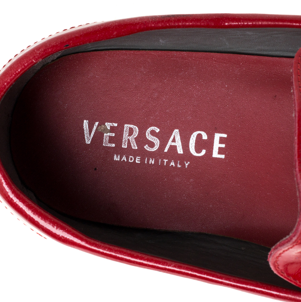 Versace Red Leather And Suede Medusa Detail Slip On Loafers Size 45