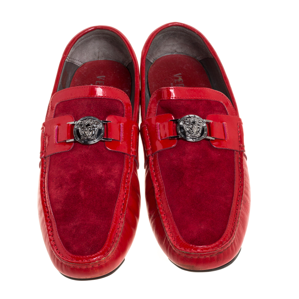 Versace Red Leather And Suede Medusa Detail Slip On Loafers Size 45