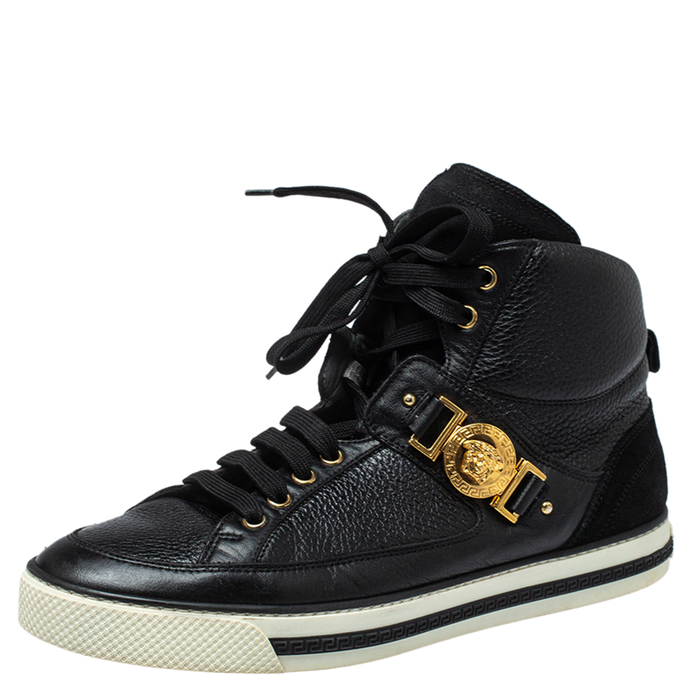 Versace Black Leather And Suede Medusa Strap High Top Sneakers Size 43