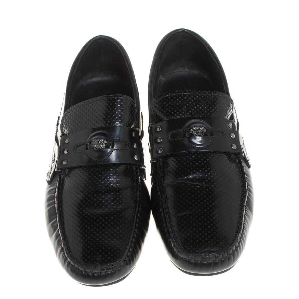 Versace Black Leather Medusa Detail Slip On Loafers Size 43