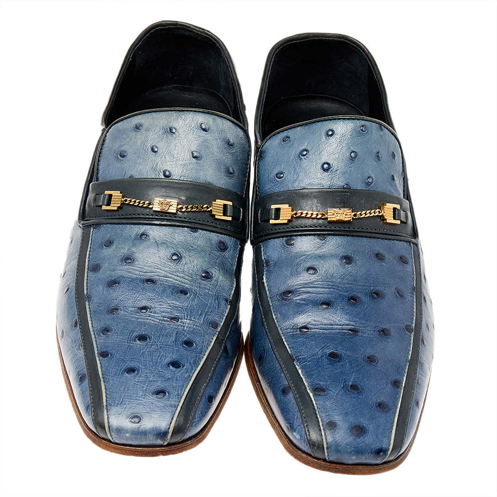 Versace Blue Ostrich Leather Medusa Chain Detail Loafers Size 41