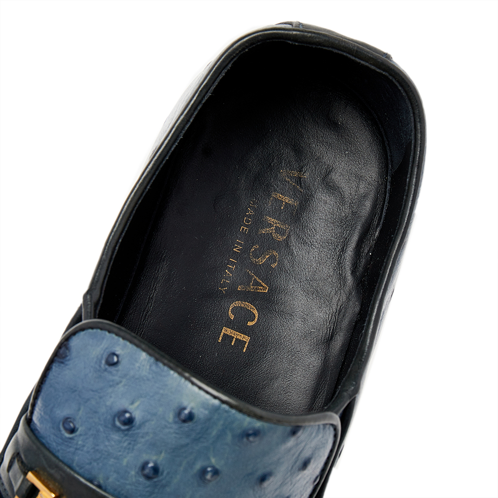 Versace Blue Ostrich Leather Medusa Chain Detail Loafers Size 41
