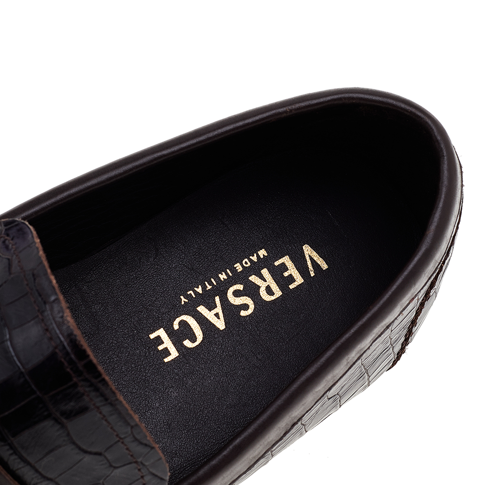 Versace Black/Brown Crocodile Leather Medusa Slip On Loafers Size 45