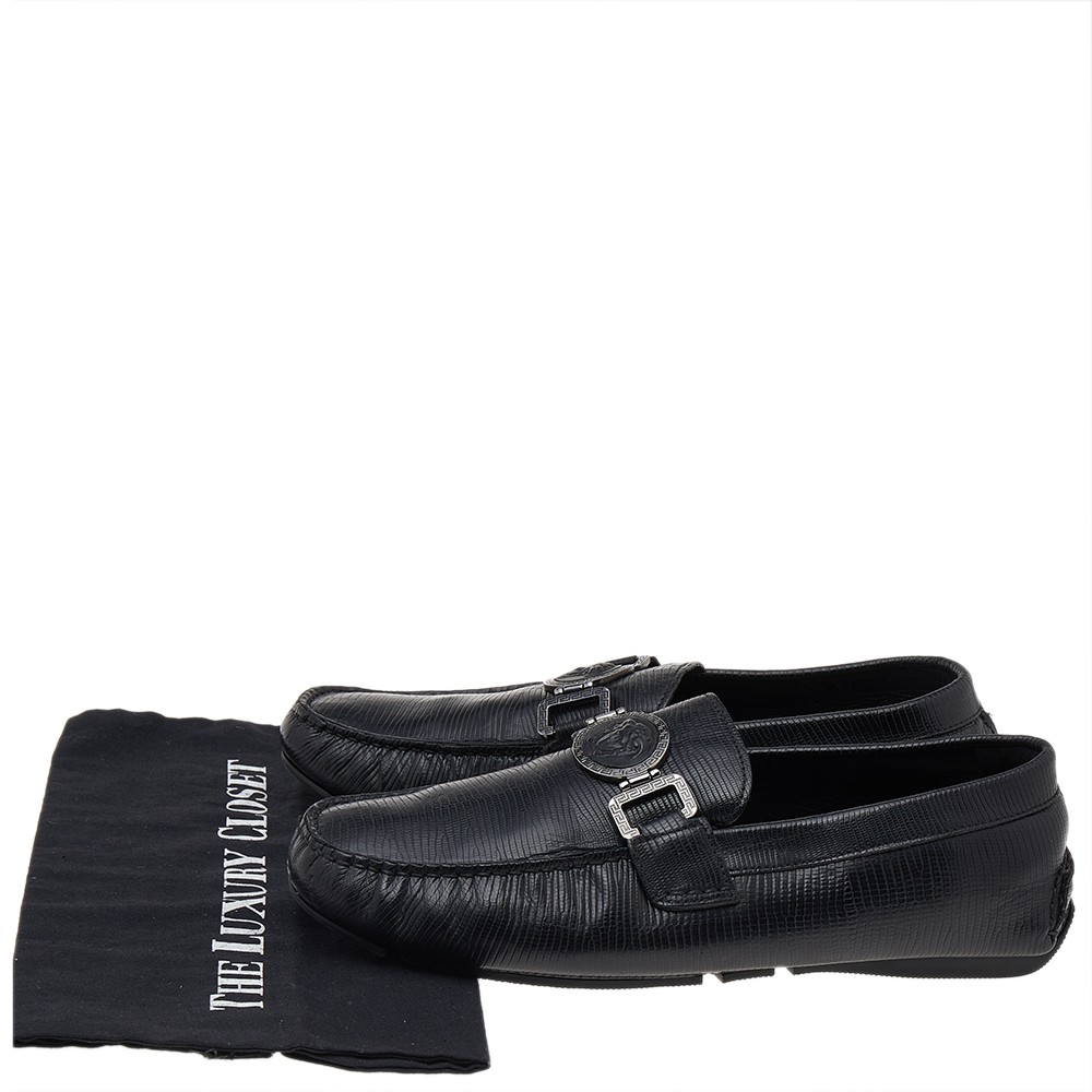 Versace Black Lizard Leather Medusa Slip On Loafers Size 41