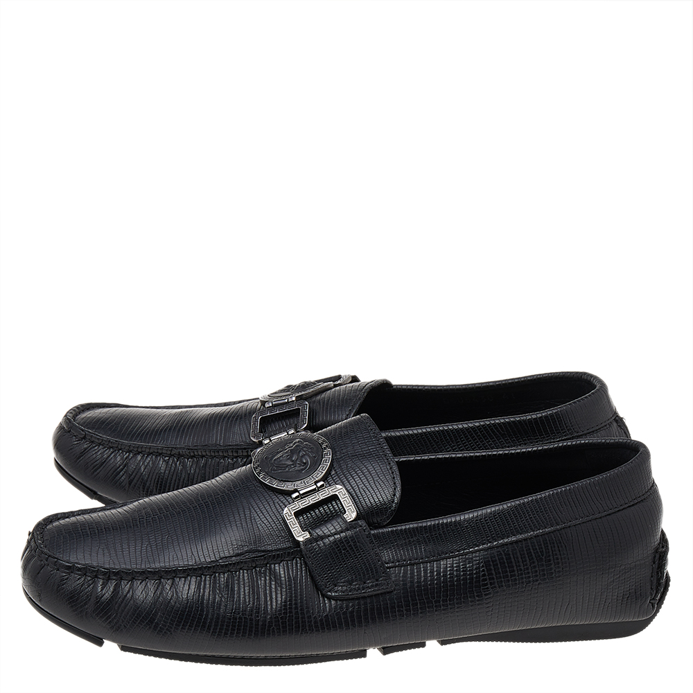 Versace Black Lizard Leather Medusa Slip On Loafers Size 41