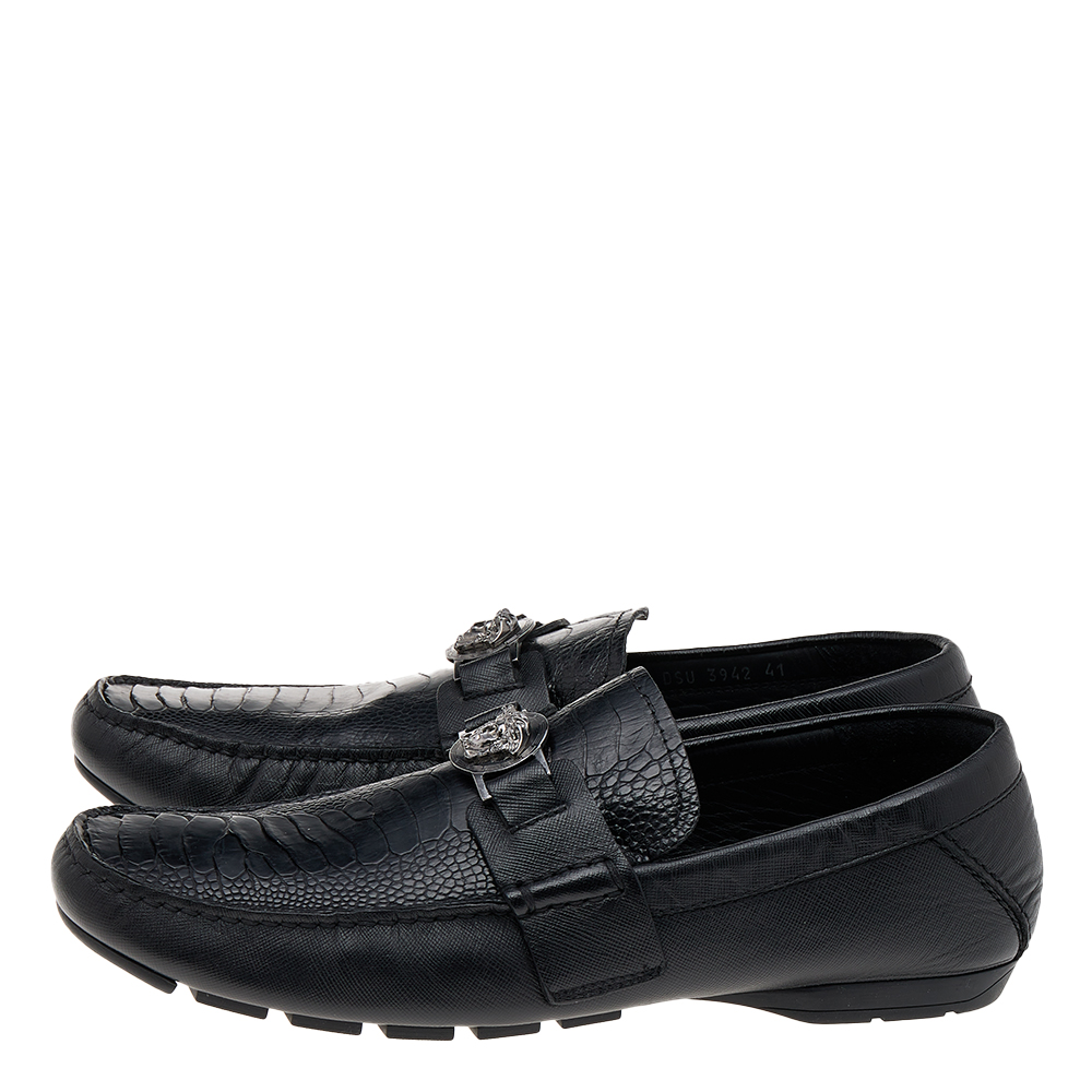 Versace Black Ostrich Leather Medusa Slip On Loafers Size 41