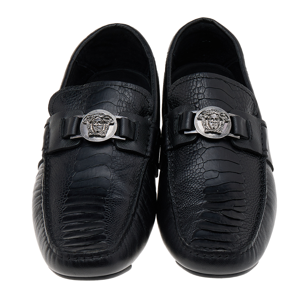 Versace Black Ostrich Leather Medusa Slip On Loafers Size 41