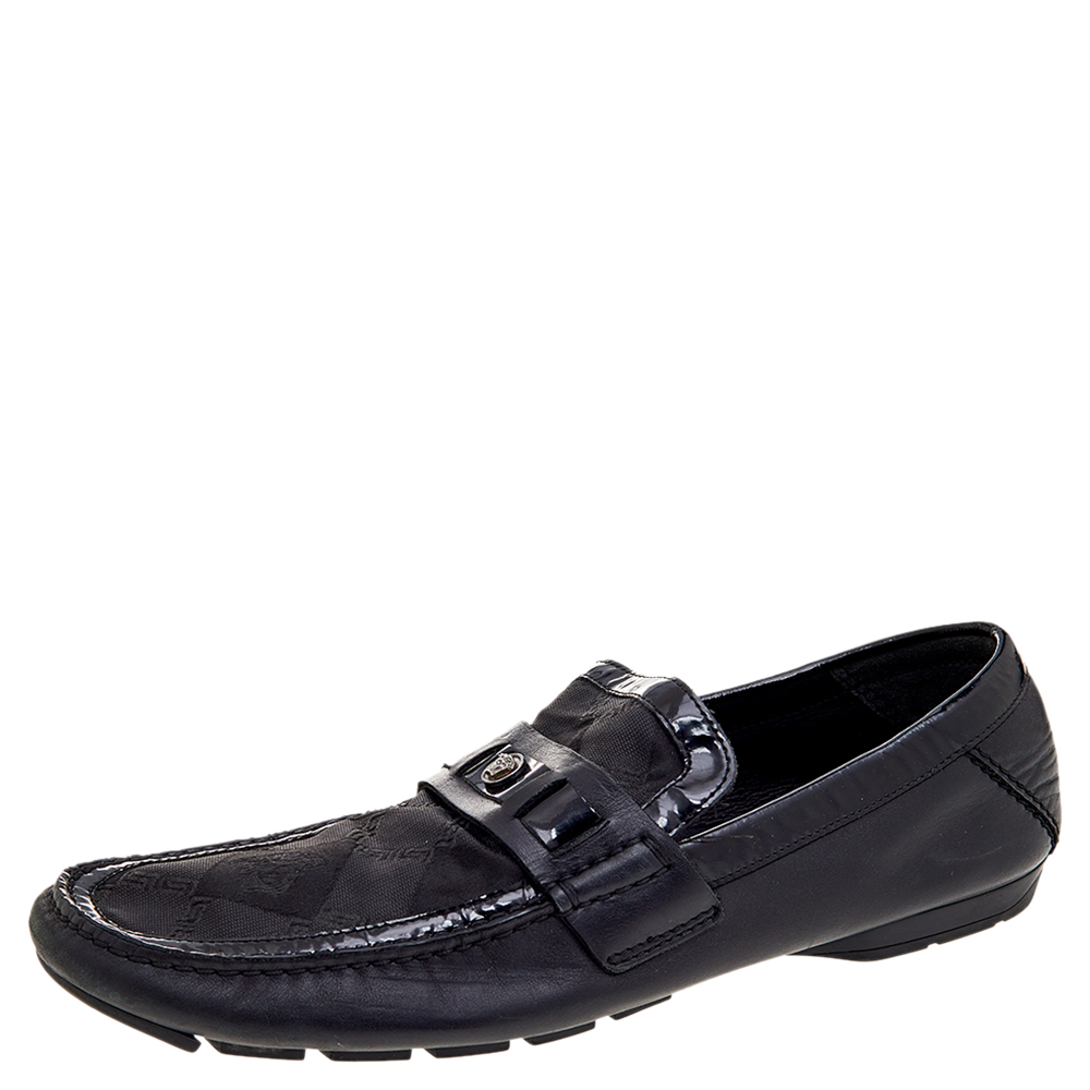 

Versace Black Patent Leather And Signature Canvas Medusa Detail Slip On Loafers Size