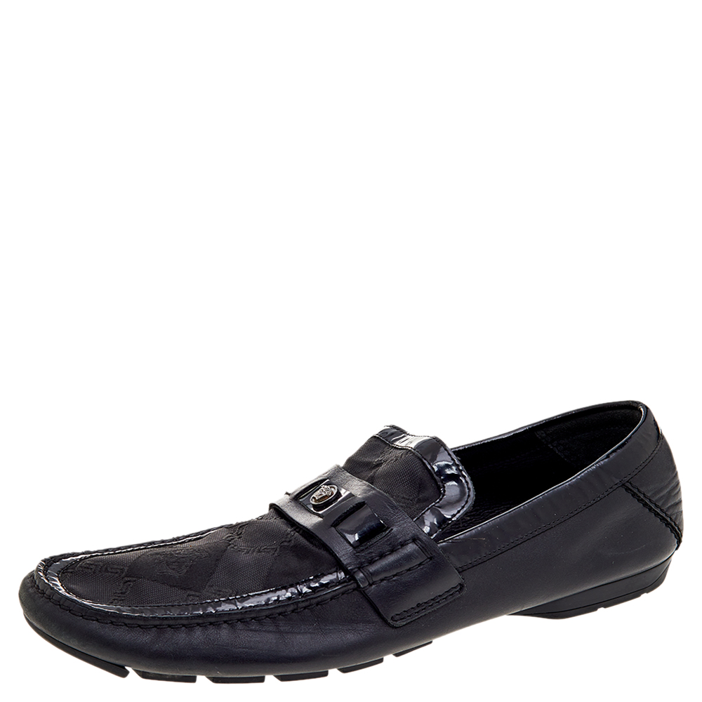 Versace black patent leather and signature canvas medusa detail slip on loafers size 44