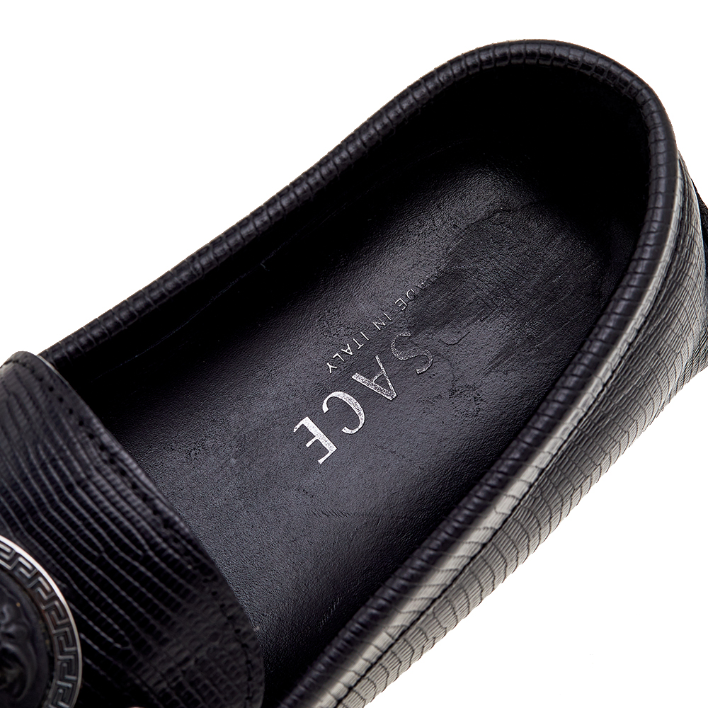 Versace Black Lizard Leather Medusa Detail Slip On Loafers Size 43