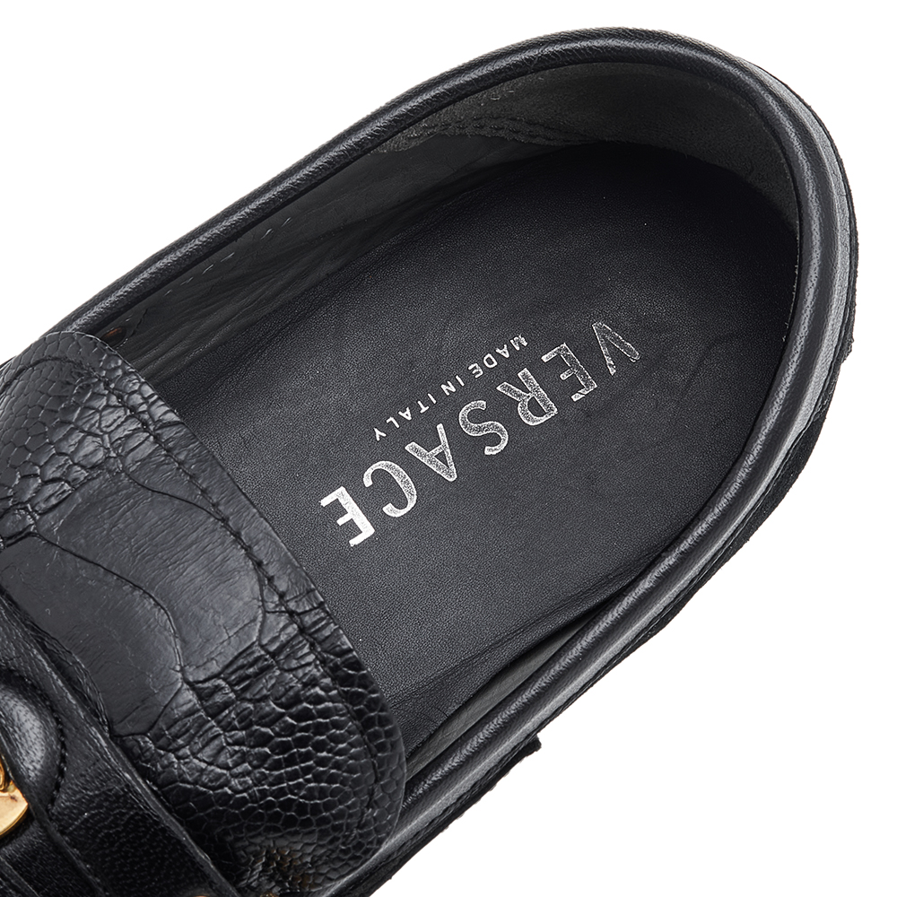 Versace Black Suede And Crocodile Leather Medusa Slip On Loafers Size 44