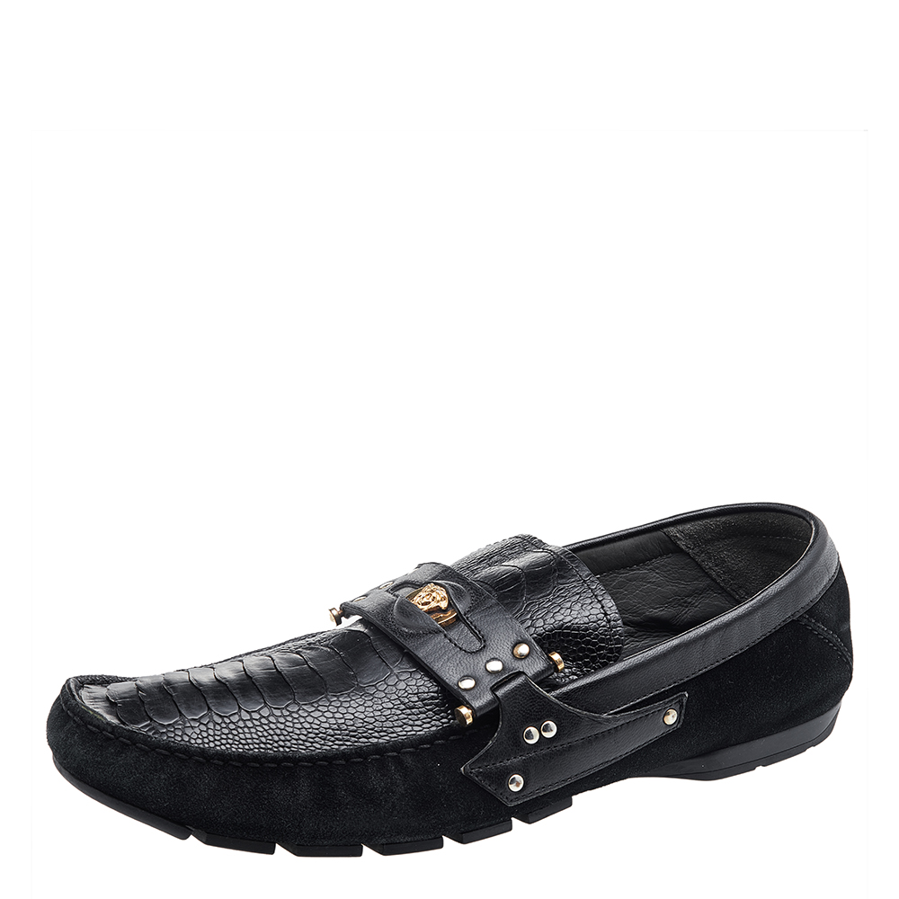 Versace black suede and crocodile leather medusa slip on loafers size 44