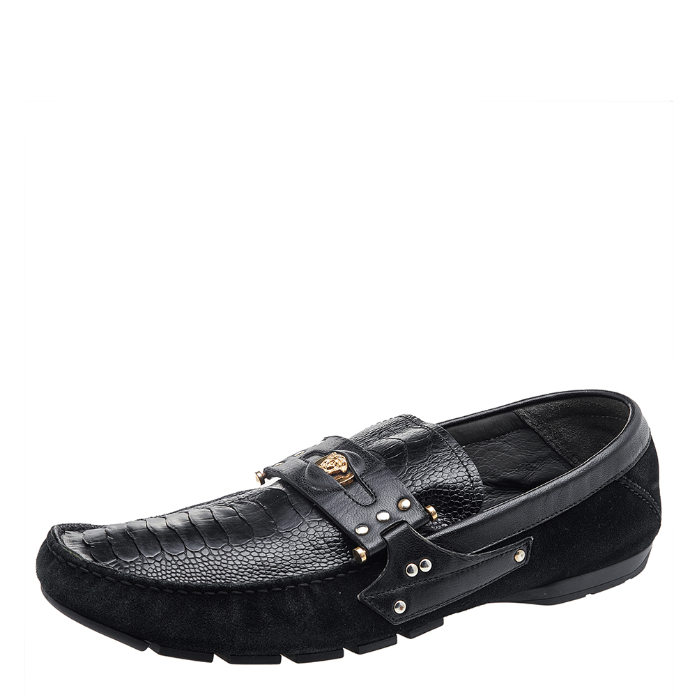 Versace Black Suede And Crocodile Leather Medusa Slip On Loafers Size 44