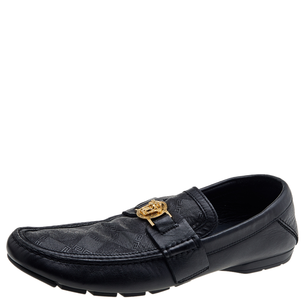 Versace black leather and monogram fabric medusa slip on loafers size 44