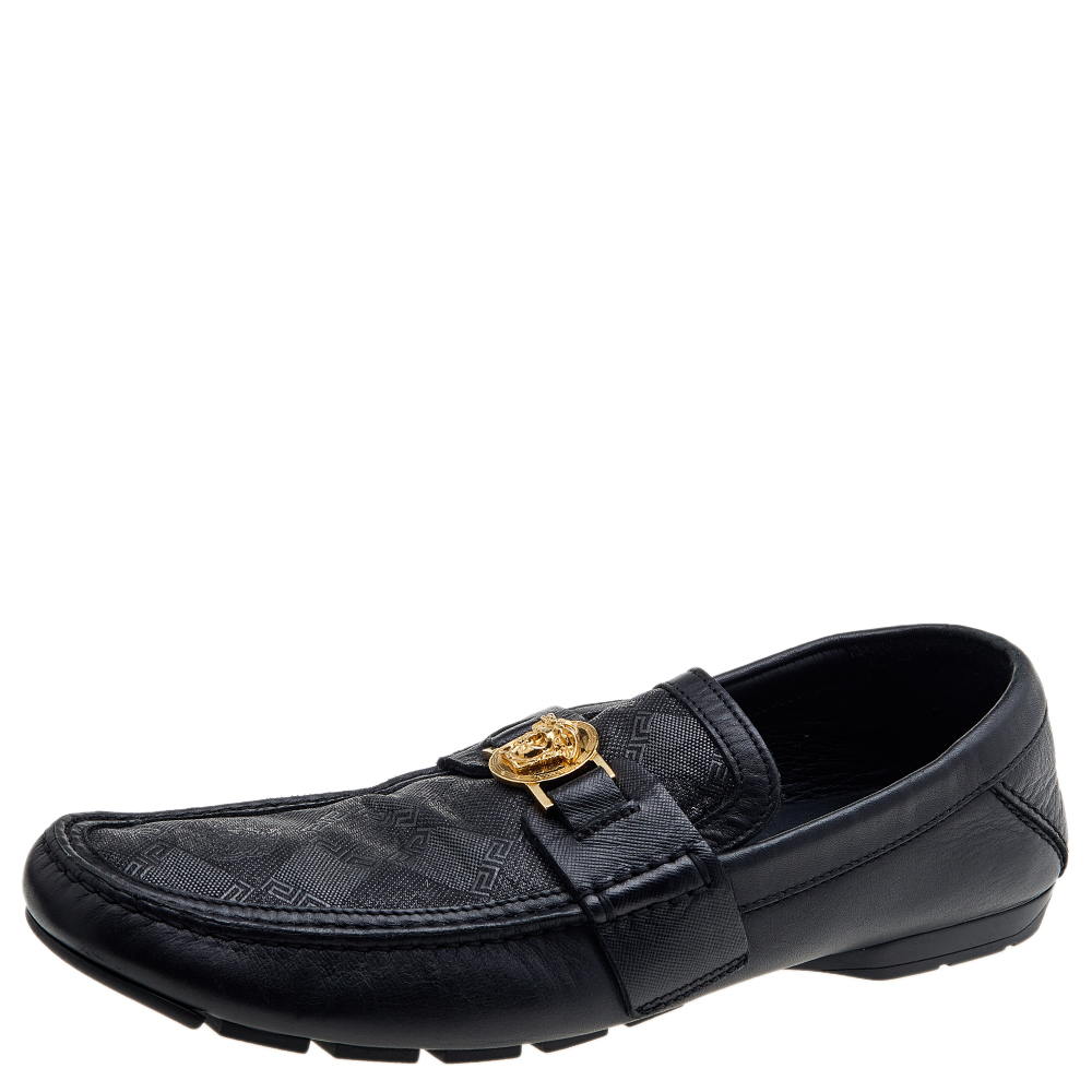 Versace Black Leather And Monogram Fabric Medusa Slip On Loafers Size 44