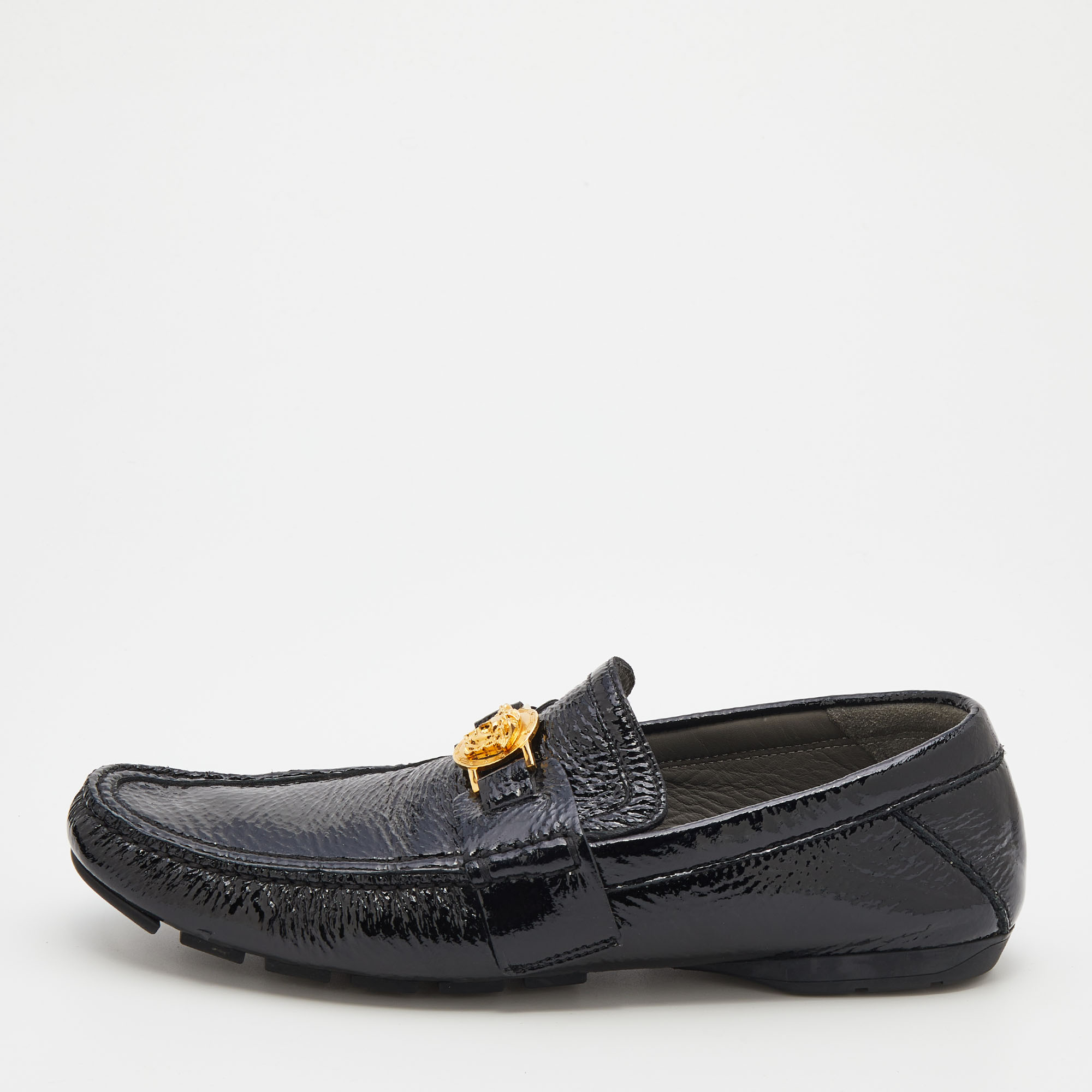 Versace Black Patent Leather Medusa Detail Slip On Loafers Size 43