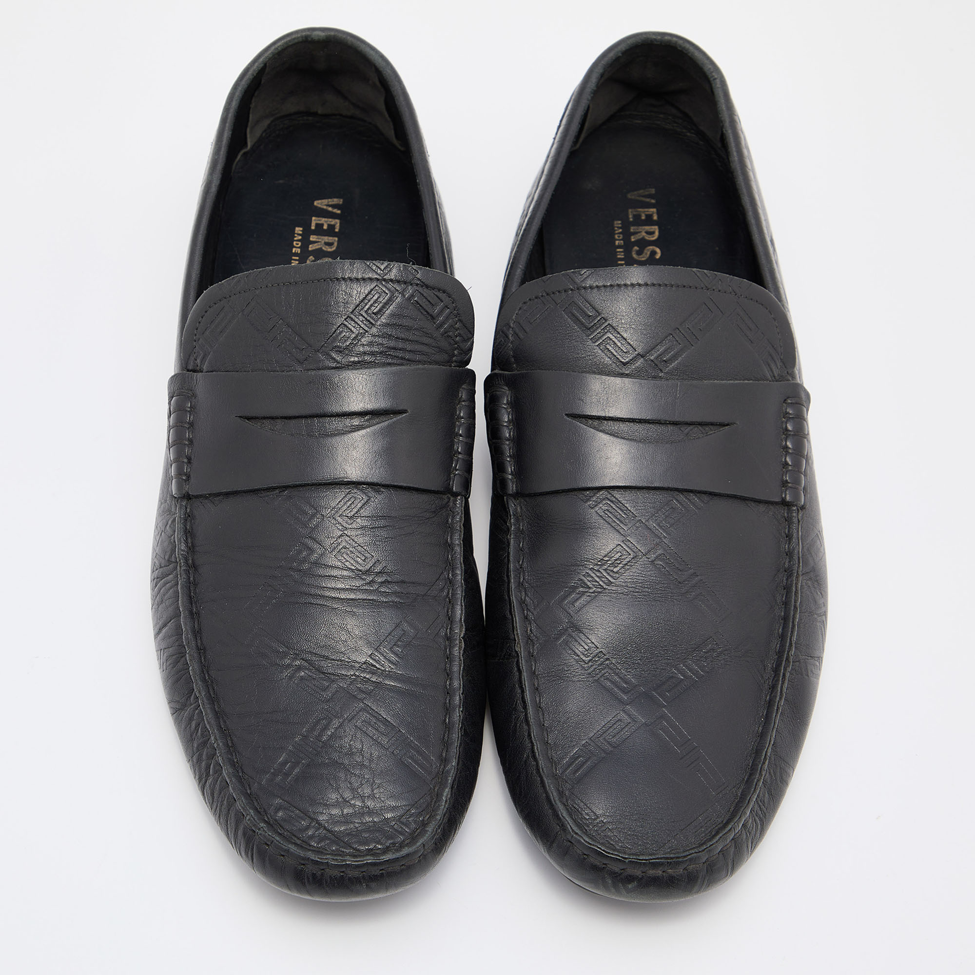 Versace Black Leather Penny Slip On Loafers Size 43