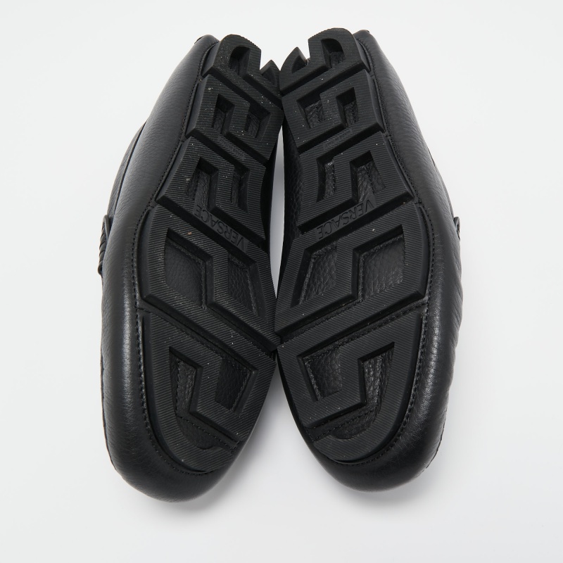 Versace Black Leather La Greca Slip On Loafers Size 44