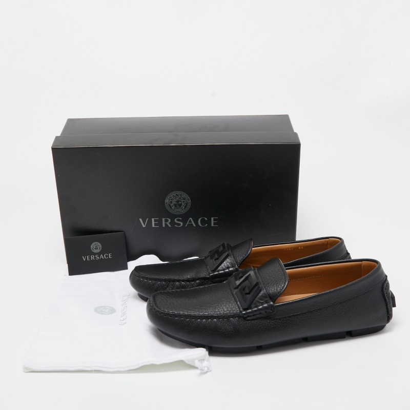 Versace Black Leather La Greca Slip On Loafers Size 44